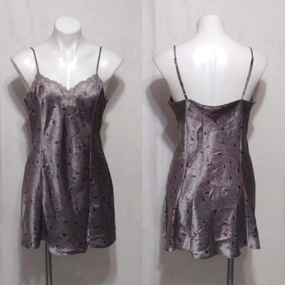 Victoria’s Secret Gray Floral Satin Sleepwear Slip Dress M Romantic Luxury Chic